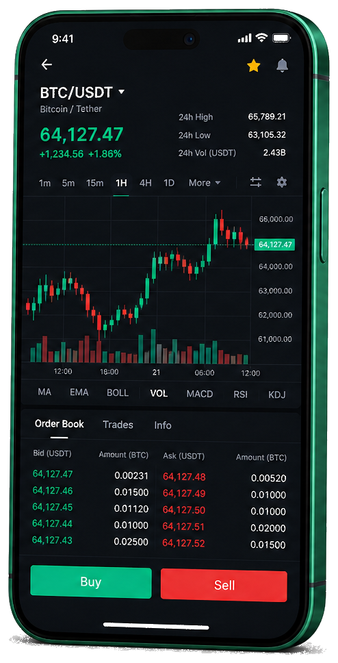 Forintia mobil kereskedési app élő BTC/USDT árfolyamokkal, rendelési könyvvel és vétel/eladás funkcióval